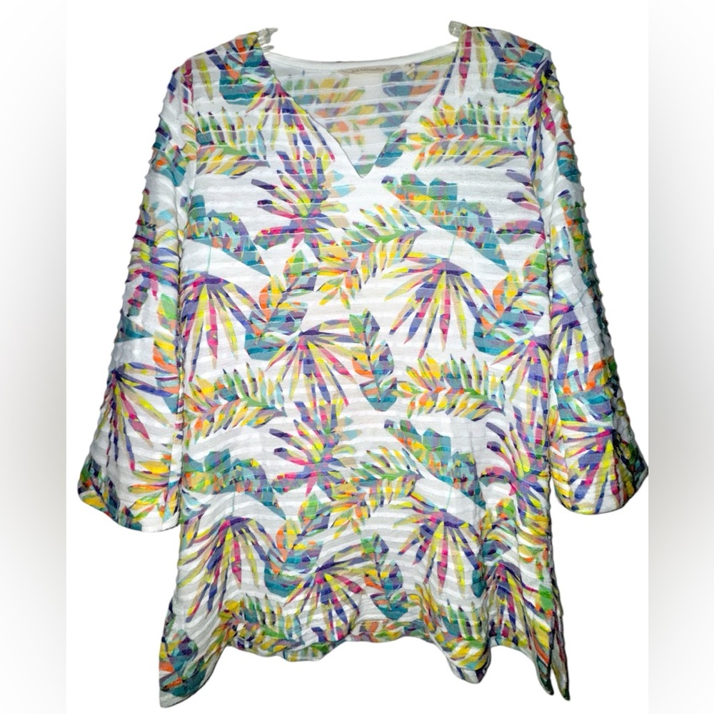 Soft Surroundings Women M Bright Tropical Rainbow Canopy 3/4 Sleeves Tunic Top